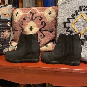 Sorel Joan of Arctic suede wedge bootie.